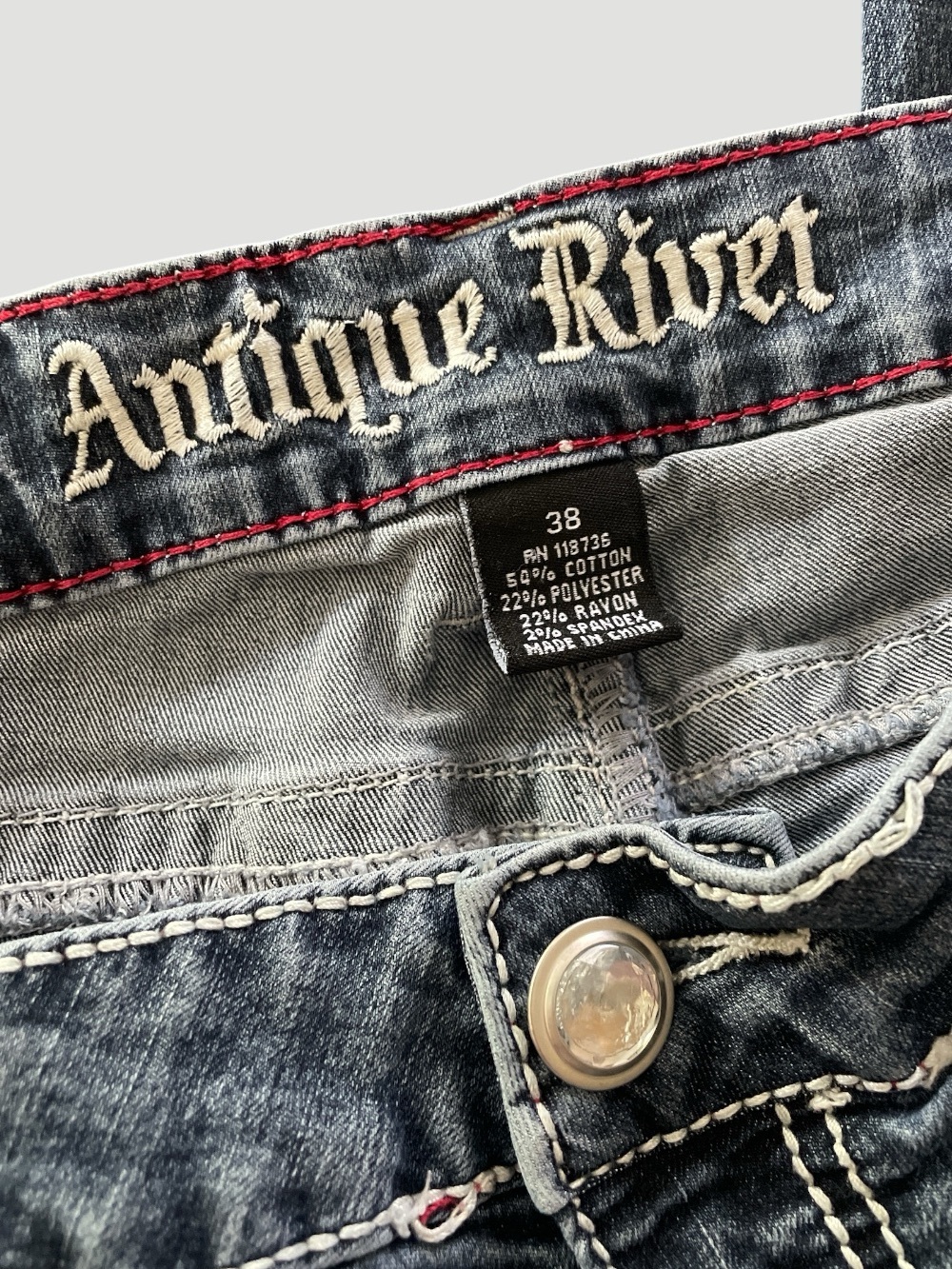 Antique Rivet Women’s Faded Blue Straight Leg Jeans with Red Topstitch